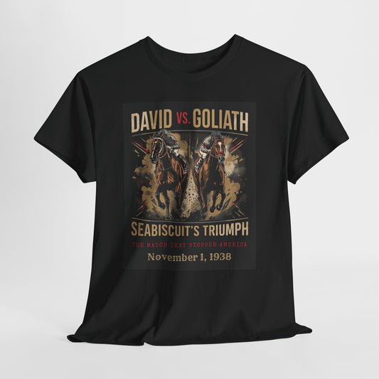 David vs. Goliath Seabiscuit Triumph T-Shirt — Vintage Horse Racing Poster Tee (November 1, 1938)