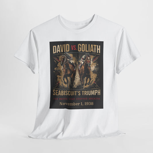 David vs. Goliath Seabiscuit Triumph T-Shirt — Vintage Horse Racing Poster Tee (November 1, 1938)